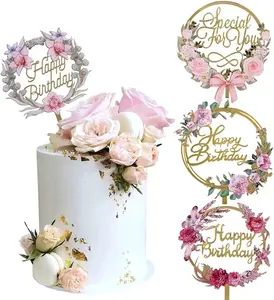 Gold Flower Acrylic Happy Birthday Cake Topper Cake Decoration Supplies