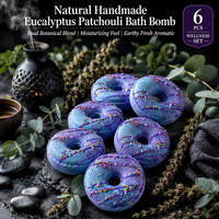 Ensemble de bombes de bain effervescentes en forme de donut à l'eucalyptus et au patchouli, 6 pièces, faites à la main, avec des paillettes violettes et bleues, OEM ODM, étiquette privée