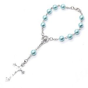 Bracelet chapelet vintage en perles bleues pour femmes, imitation perle, charme croix en argent tibétain, bijoux cadeau - Product Image 3