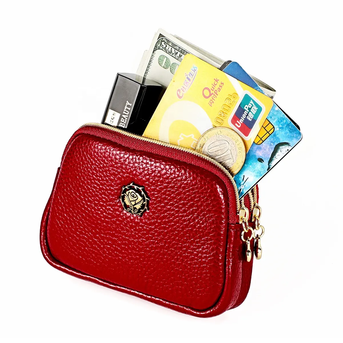 Fashion Women Genuine Leather Coin Purse Mini Change Purses Coin Pocket Wallets Zipper Pouch Card Holder Wallet (Red)