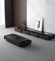 Ensemble Meuble TV et Table Basse en Bois Massif Noir, Style Nordique Minimaliste Moderne, Luxe Léger, avec Rangement, Écologique, pour Salon, Centre Commercial et Ferme