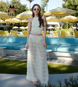 Femmes en mousseline de soie Flowy Tulle à volants Maxi Halter sans manches Crop Top deux pièces maillot de bain Cover Ups - Product Image 6