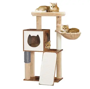 실내 성인 고양이를위한 소박한 다크 브라운 고양이 타워 나무 고양이 콘도 대형 탑 퍼치
