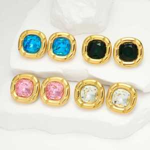 1 Pair Women's Vintage Luxury Multi-Color Square Zircon Stainless Steel 18K Gold Plated Drop <b>Earrings</b> Party Niche Trendy Design - Product Image 1