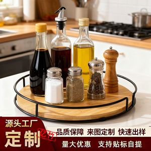 Organizador giratorio de especias de bambú para encimera de cocina, para almacenar aceite, sal, salsa de soja y vinagre, con marco de metal y base de madera. - Product Image 5
