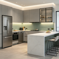 Cuisine modulaire de style moderne, appareils électroménagers encastrés, panneaux en mélamine écologiques, armoires de cuisine complètes, évier laqué blanc