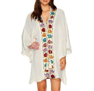 Rose Embroidery White Kaftan Tunic Mini Dresses Cotton V-neck Batwing Sleeve Beach Dress Loose Summer Casual Vestido Stb-0966