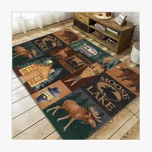 乡村风格农舍小屋熊驼鹿软地毯方形法兰绒家居地毯复古家居客厅地板垫卧室地毯