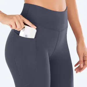 Custom Logo Inner Pocket Yoga Trousers Stretch Tummy Workout Running Long Bootleg Casual High Waist Yoga Trousers