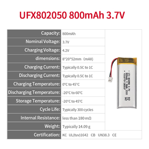 Ce CB KC UN38.3 UL (TUV) 1642 được phê duyệt có thể sạc lại LiPo pin ufx 802050 3.7V 800mAh <span class=keywords><strong>Lithium</strong></span> Li-ion polymer pin Pin - Product Image 2