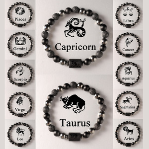 Obsidian-Perlenarmband, Schwarzes Vulkanstein Vintage-Armband, Zwölf Sternzeichen Armband für <span class=keywords><strong>Männer</strong></span> - Product Image 1