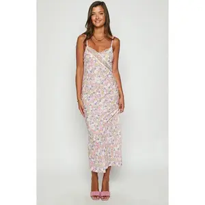 Hete Verkoop Witte Bloemen V-Hals Mouwloze Sexy Kant Spaghetti Band Maxi Jurk