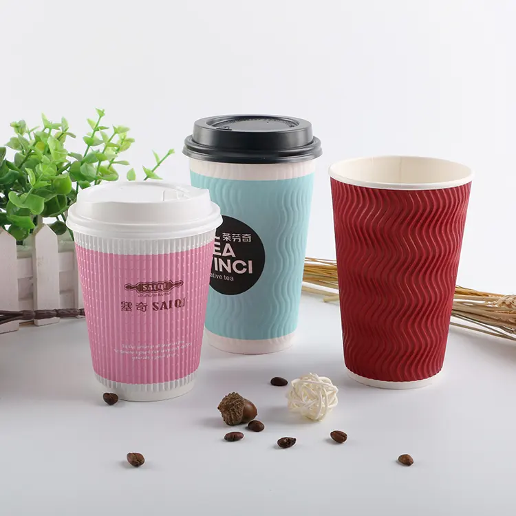 8oz 12oz 16oz Diseño personalizado Vasos de papel Papel impreso desechable Tazas de café onduladas de pared simple/Doble