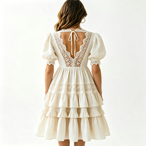 Robe midi élégante en dentelle à volants avec manches bouffantes et décolleté en V profond, style vintage français, robe de soirée en coton d'été pour femmes - Product Image 3