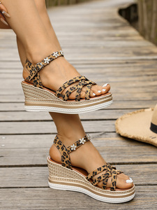 Women Cross Strap Wedge <b>Sandals</b> Summer New Leopard Print European American Style Rhinestone Roman <b>Sandals</b> - Product Image 6