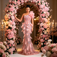 Robe de bal asymétrique longue à une épaule ornée de plumes et de perles, avec sequins, pour femme, idéale pour les anniversaires et les soirées en boîte de nuit