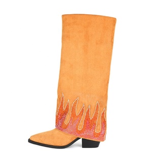 Botas Largas de Felpa Suave con Superposición de Diamantes Pequeños, Botas Altas hasta la Rodilla para Mujer, Tacón Grueso Azul, Talla Grande 45 - Product Image 4