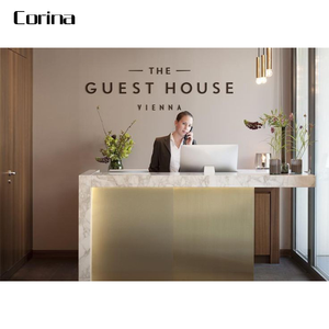 Comptoir de réception compact en pierre artificielle <span class=keywords><strong>Corina</strong></span> avec éclairage LED, garantie 10 ans, surface polie, style moderne et luxueux, convertible - Product Image 3