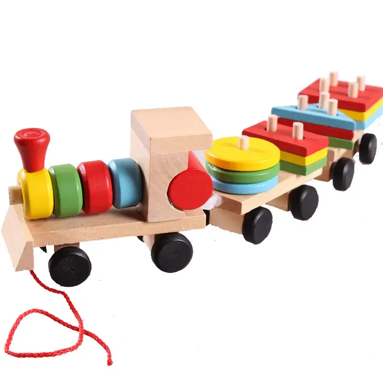 Montessori Houten Trekkende Trein Auto Geometrische Vorm Bijpassende Wandelaars Sensorische Educatieve Puzzel Spel Speelgoed Voor Kinderen