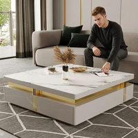 Table basse carrée moderne de luxe en pierre frittée avec piètement en acier inoxydable doré, tables de salon avec rangement pour le thé
