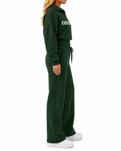 Conjunto Deportivo de 2 Piezas para Mujer, Color Verde Oscuro, Sudadera Corta con Cierre de Cremallera, Pantalones Anchos con Cordón Ajustable, Corte Holgado Informal - Product Image 2