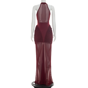Viviblook D26DS180 Vestidos de verano para mujer, vestido largo de noche plisado con retazos de malla transparente sin mangas - Product Image 3