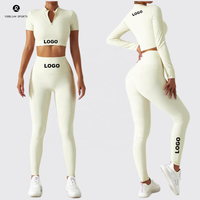 Vêtements de Yoga deux pièces à manches longues pour femmes, fermeture éclair respirante, vêtements de sport pour femmes, tenues d'entraînement, ensembles de pantalons courts de Yoga 2 pièces, 2022