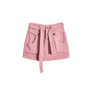 New arrival factory wholesale ladies pink denim skirt custom logo pocket detail casual women jean skirts