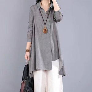 Irregular Design Polo Collar Cotton Linen Long Sleeve Shirt Women's Solid Color Asymmetric Mid Length Spring Summer Style - Product Image 2