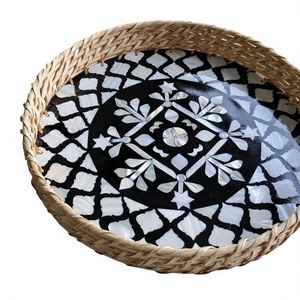 Ensemble de plateaux de service multifonctionnels en nacre de luxe, faits à la main en Inde, pour la maison et la salle à manger, plateaux décoratifs en rotin - Product Image 1