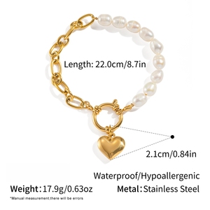 Unisex Fashion Freshwater Pearl Heart Shape Bangle 18K Gold Plated Splicing Chain <b>Love</b> OT Buckle Stainless Steel Jewelry Charm - Product Image 6