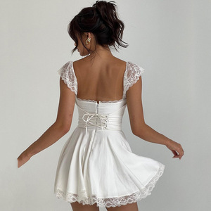Vestido Corto de Cóctel para Mujer, Espalda Descubierta, Cuello Cuadrado, con Encaje, Cintura Natural, Transpirable, Estilo Primavera-Verano - Product Image 4