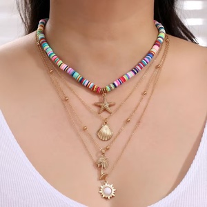 Colar em camadas para mulheres meninas, colar de argila boêmio com pingente de sol e estrela, em camadas simples, novidade da moda verão praia - Product Image 6