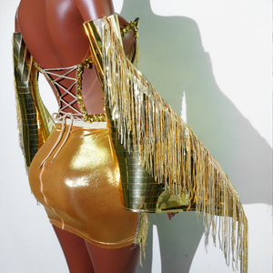 Minivestido de malla con cordones y borlas doradas de lujo para grupo femenino, traje de baile sexy, ropa de escenario, Drag Queen - Product Image 5