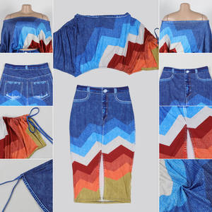 S10867 Trendy yaz etek setleri 2 parça kıyafetler kadınlar için tekne boyun baskılı yarasa kollu üst ve bölünmüş kısa etek iki parçalı Set - Product Image 6