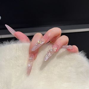 Uñas Postizas Hechas a Mano con Diseño de Almendra, Diamantes Rotos Franceses y Mariposas para Gatos y Perros, Color Rosa para Dedos - Product Image 1