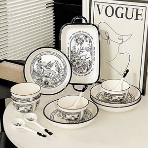 High Quality Factory Sale New Fashion Floral Style Black Rim Stoneware Dinnerware <b>Sets</b> <b>Microwave</b> & Dishwasher Safe - Product Image 2