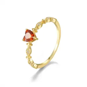 S925 Sterling Silver Gold Plated Red Gemstone Ring Simple Love Heart Ruby Wedding Rings for Women