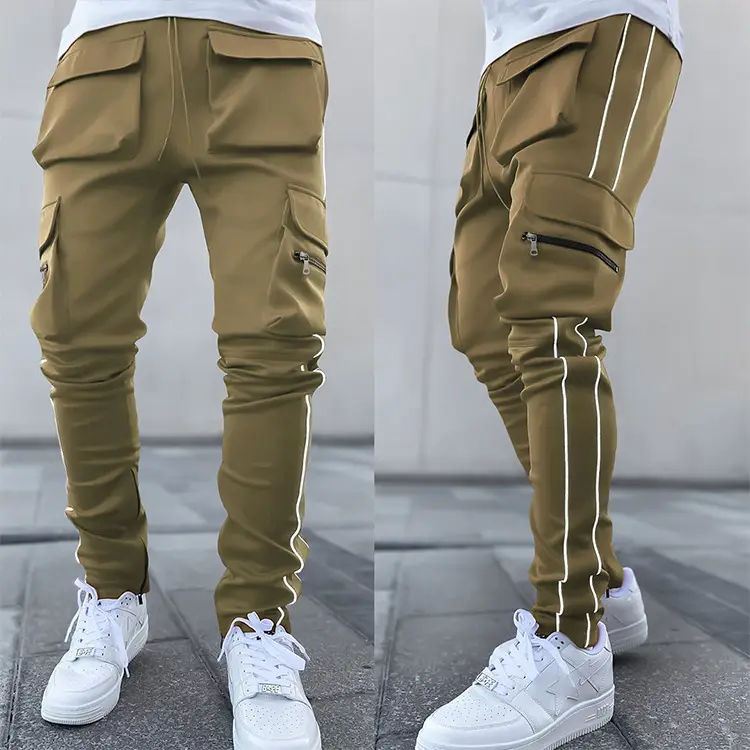 Streetwear Leisure Wholesale Reflective Stripe 6 Multi Pocket Stacked Cargo Track Pants Men
