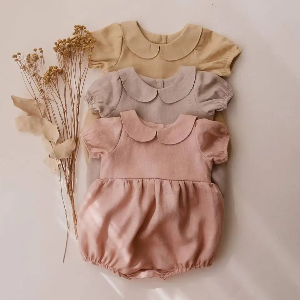 Wholesale Ins Doll Collar Baby Girls Rompers Linen Cotton Kids Clothes Plain Color Baby Jumpsuit