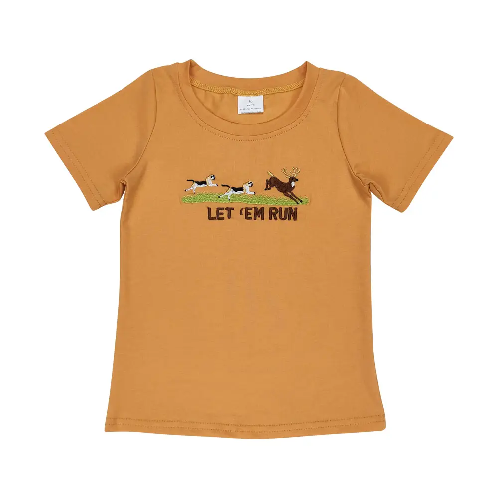 Let Em Run Dog Deer Embroidery Hunting Print Boys Summer Tee Shirts Top RTS Wholesale Toddler Fashion One Piece Up Summer Shirts