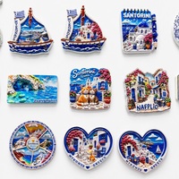 Aimants de réfrigérateur 3D en résine bleus et blancs, thème îles grecques, avec motifs de bateaux et villages côtiers, cadeaux de voyage, vente en gros pour boutiques.