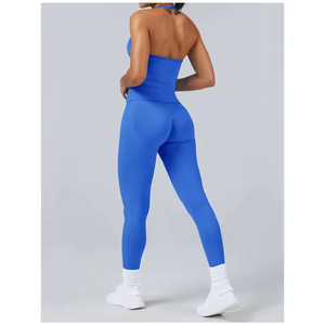 Costume de yoga beau dos licou solide hanche ascenseur ensembles de sport séchage rapide haut sans manches Scrunch bout à bout Leggings costumes de course - Product Image 5