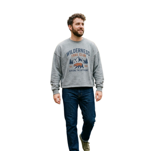 Felpa girocollo da <span class=keywords><strong>uomo</strong></span> oversize vintage in velluto a coste stampata DTG Kornit personalizzata con orso selvaggio e montagna, ideale per l'autunno e l'outdoor - Product Image 1