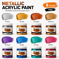 Peinture Acrylique Métallique 8 Couleurs 100ml Pot à Large Ouverture Imperméable Non Toxique Or Argent Bronze pour Toile Pierre Bois Art DIY