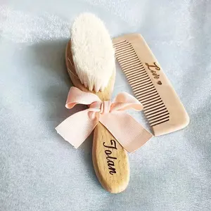 Private Label Eco-friendly Goat Hair Bamboo Wooden Baby Hair Brush Laser, Baby Hair Brush and Comb Set
