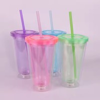 Taza de agua brillante transparente con luz LED colorida creativa de 16oz, taza de paja de plástico de doble capa