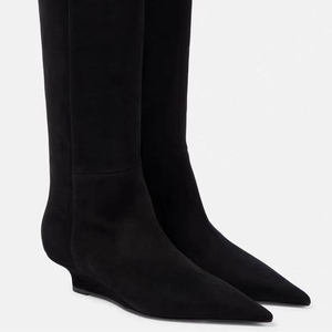 New Style Low Wedge Heels Pointed Toe Big Size 44 Shoes Suede Long <b>Boots</b> Women's on Flock Knee High Booties - Product Image 6