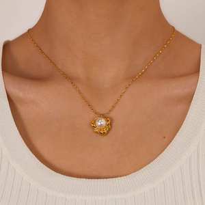French Style Stainless Steel Gold Plated Pearl Bead <b>Statement</b> <b>Necklace</b> for Women Fashion Jewelry Link Chain Flower Shape - Product Image 5