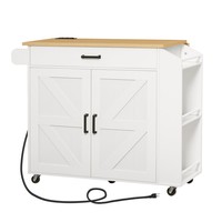 Îlot de cuisine avec comptoir à feuilles tombantes et prise de courant, chariot d'îlot roulant sur roues, table d'îlot mobile avec porte-épices